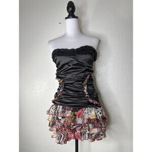 Y2K Ruched Asymmetrical Sweetheart Satin Sheer Dress Art Sequin Whimsygoth Sz S